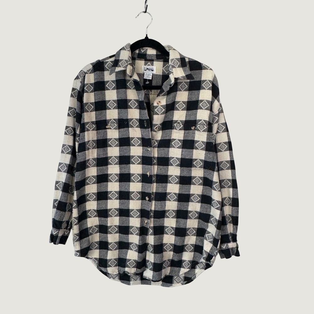 Thea Flannel Button Down Shirt Size S Black Cream Plaid Diamond Print Grunge 90s